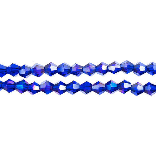 Two strands of Crystal Lane 4mm faceted glass bicone beads in transparent sapphire AB