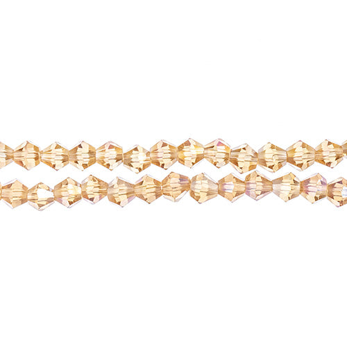 Two strands of Crystal Lane 4mm faceted glass bicone beads in transparent topaz AB