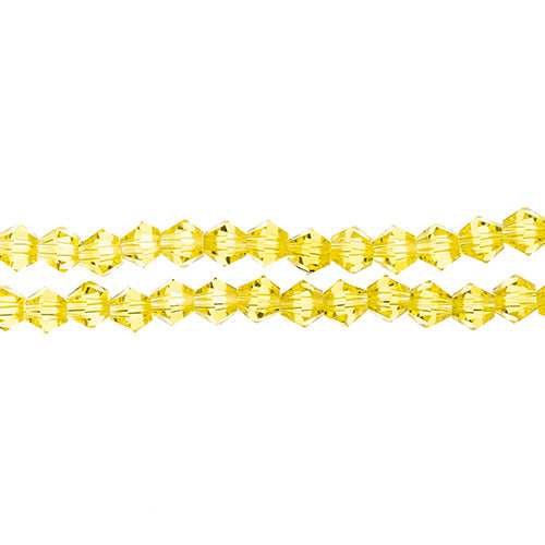 Two strands of Crystal Lane 4mm faceted glass bicone beads in transparent yellow