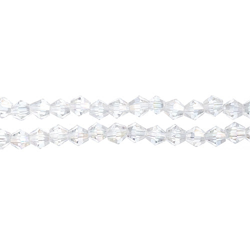 Two strands of Crystal Lane 4mm faceted glass bicone beads in transparent crystal AB