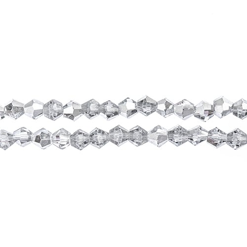 Two strands of Crystal Lane 4mm faceted glass bicone beads in transparent half silver iris