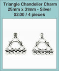 Two silver-tone 25 x 31mm triangle chandelier charms with loops along the bottom
