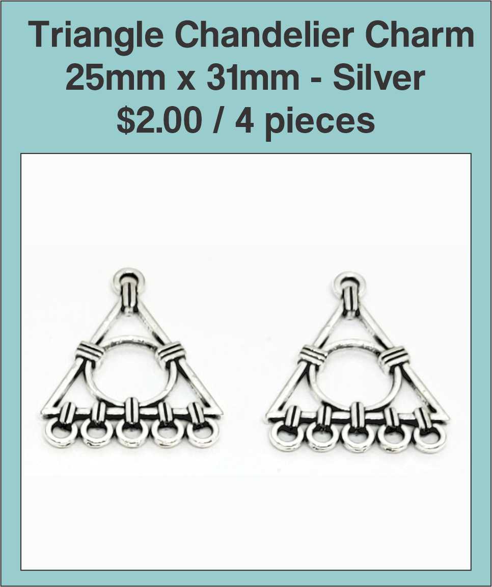 Two silver-tone 25 x 31mm triangle chandelier charms with loops along the bottom