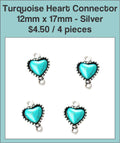 Four silver-tone 12 x 17mm heart connectors set with turquoise-coloured stones
