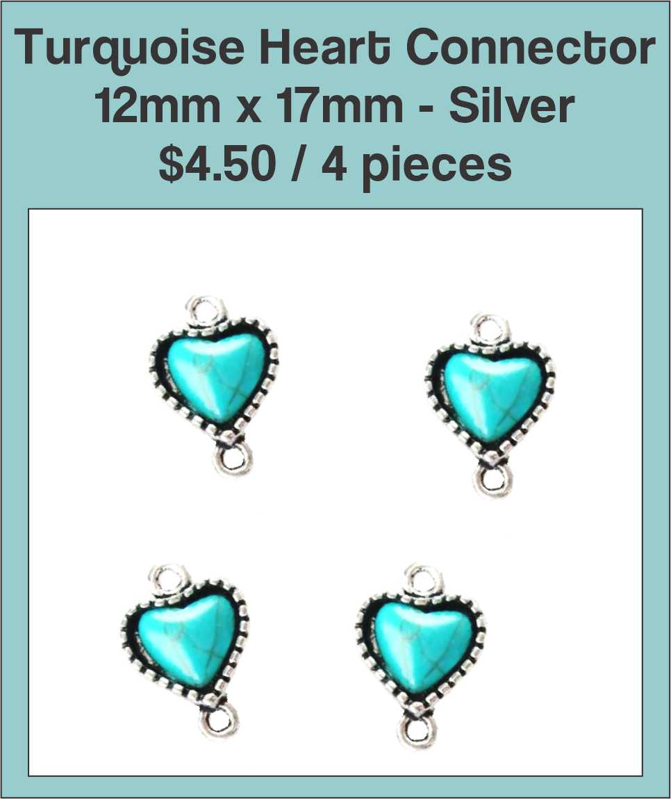 Four silver-tone 12 x 17mm heart connectors set with turquoise-coloured stones