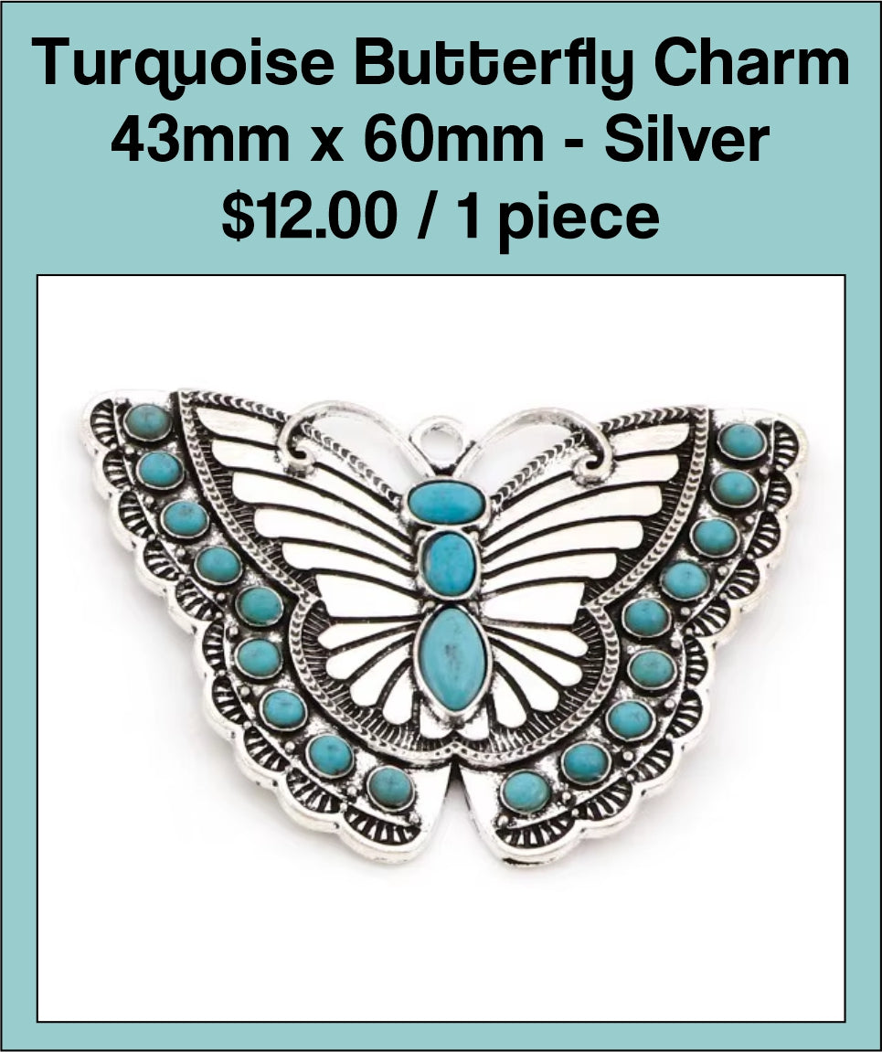 Silver-tone 43 x 60mm butterfly charm set with turquoise-coloured stones