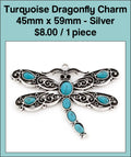 Silver-tone 45 x 59mm dragonfly charm set with turquoise-coloured stones