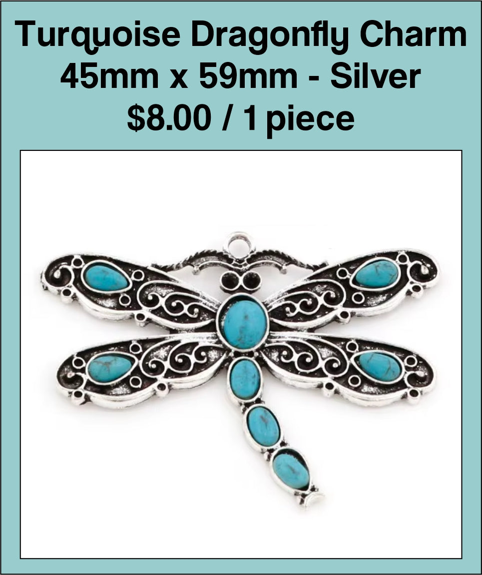 Silver-tone 45 x 59mm dragonfly charm set with turquoise-coloured stones