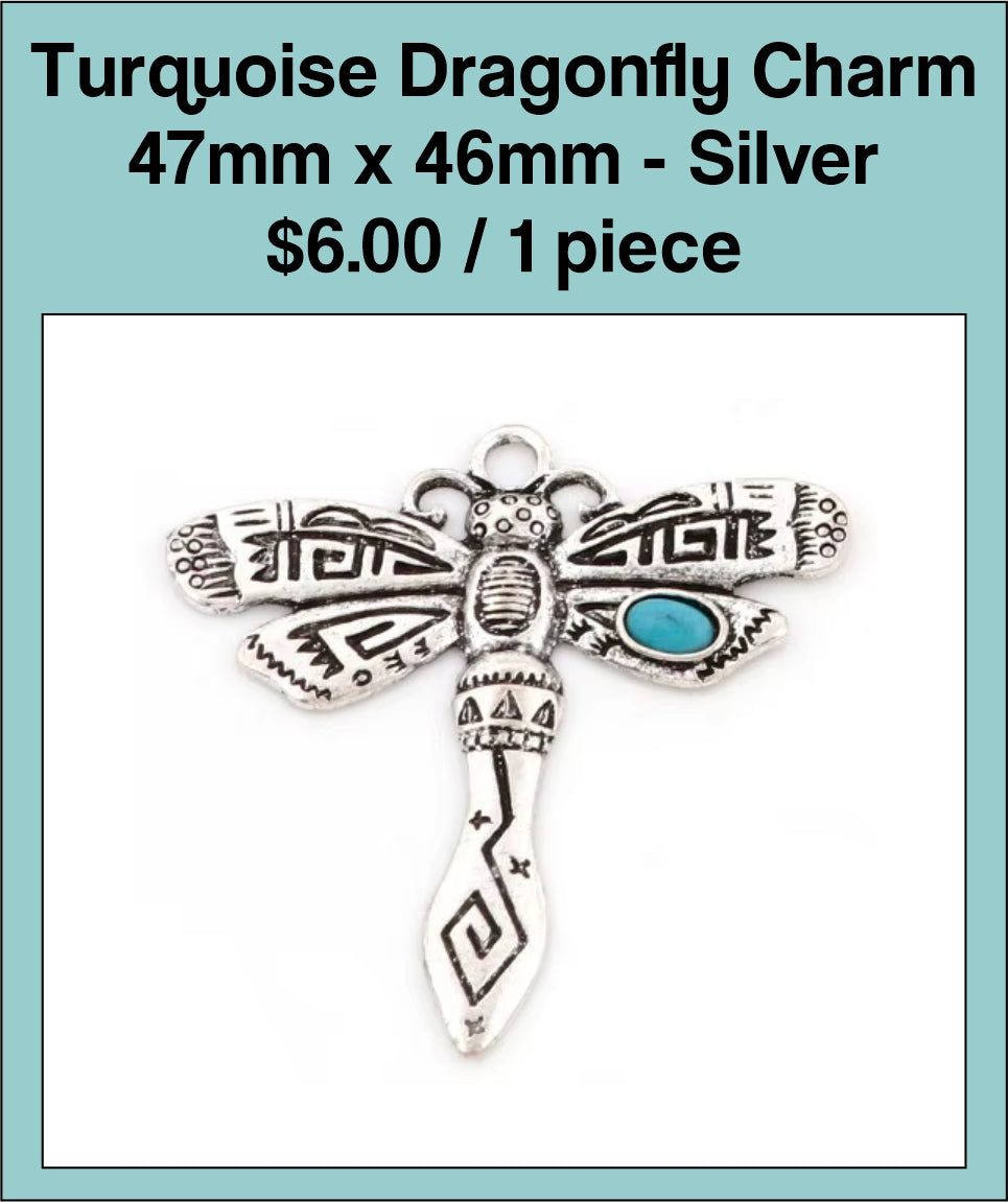 Silver-tone 47 x 46mm dragonfly charm with a patterned body and turquoise-coloured accents