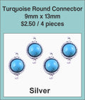 Four silver-tone 9 x 13mm round connectors set with turquoise-coloured stones