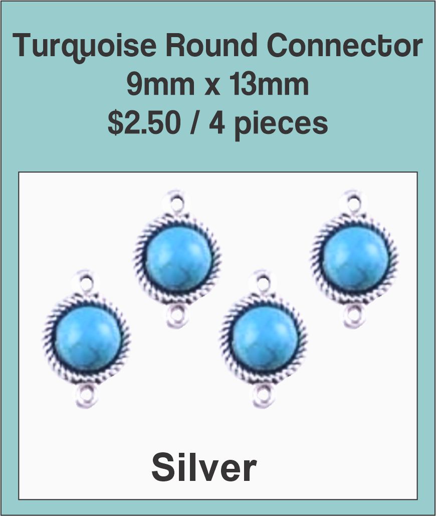 Four silver-tone 9 x 13mm round connectors set with turquoise-coloured stones