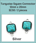 Two silver-tone 12 x 20mm square connectors set with turquoise-coloured stones
