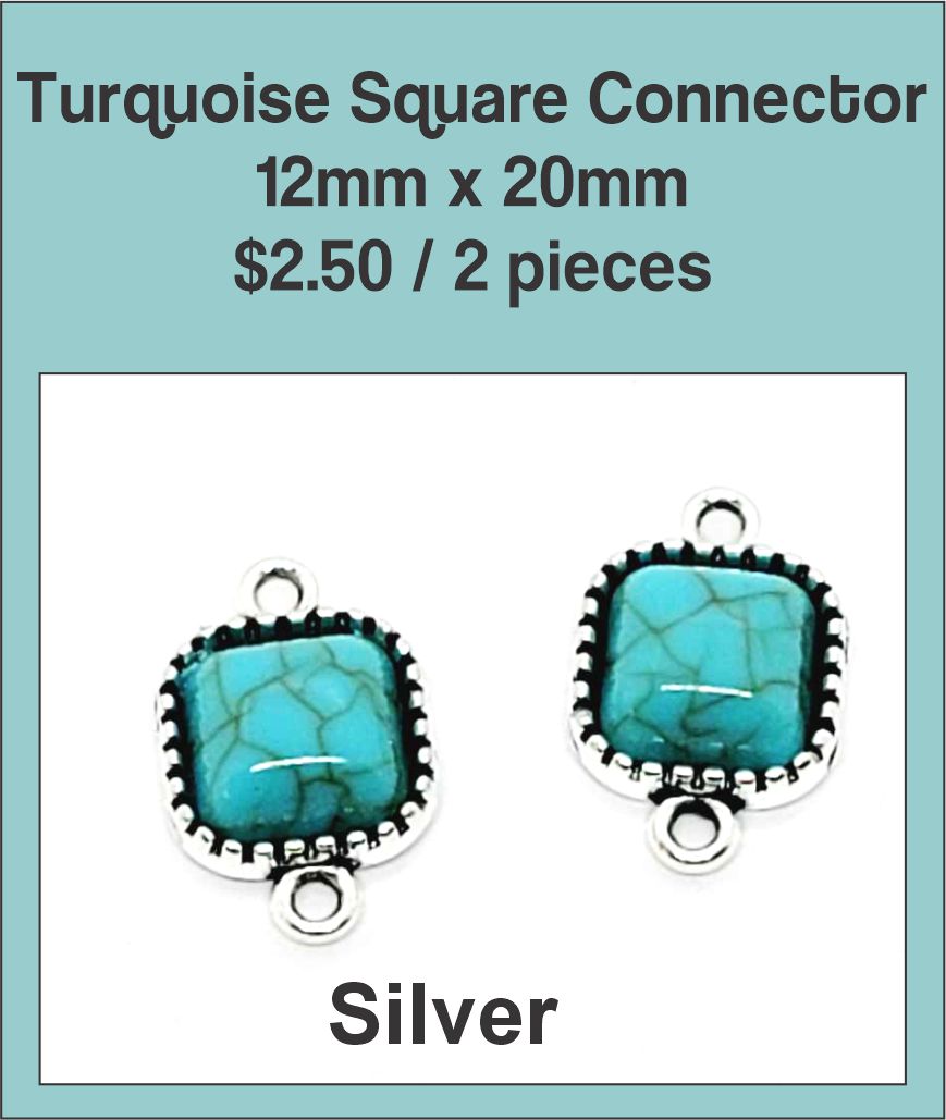 Two silver-tone 12 x 20mm square connectors set with turquoise-coloured stones