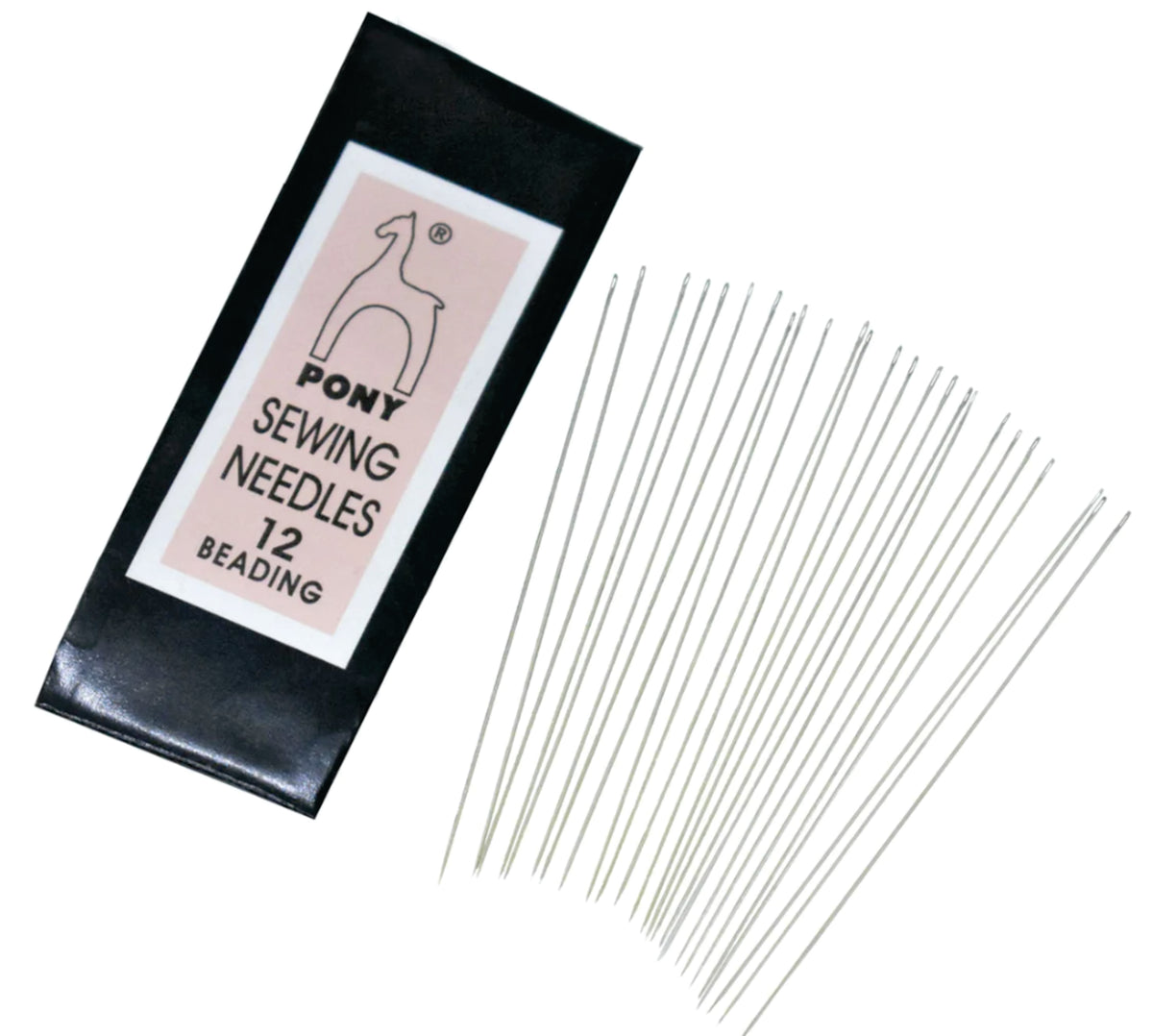Package of 25 long size 12 pony needles fanned out beside their black sleeve