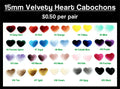 Chart of 20 pairs of 15mm velvety heart cabochons (cabs), from #1 Deep Red to #20 Black