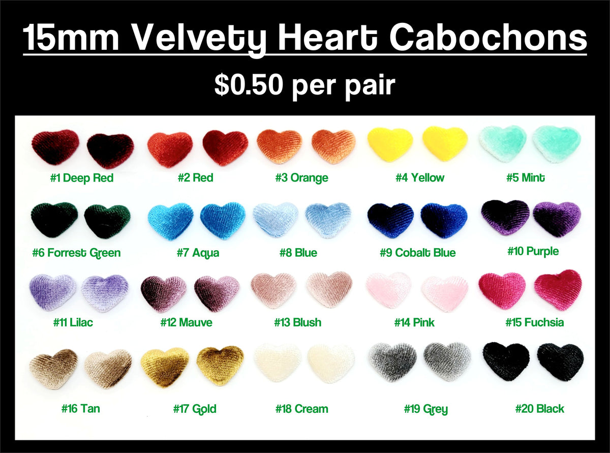 Chart of 20 pairs of 15mm velvety heart cabochons (cabs), from #1 Deep Red to #20 Black