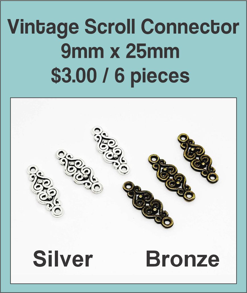 9 x 25mm vintage scroll connectors in silver and bronze tone