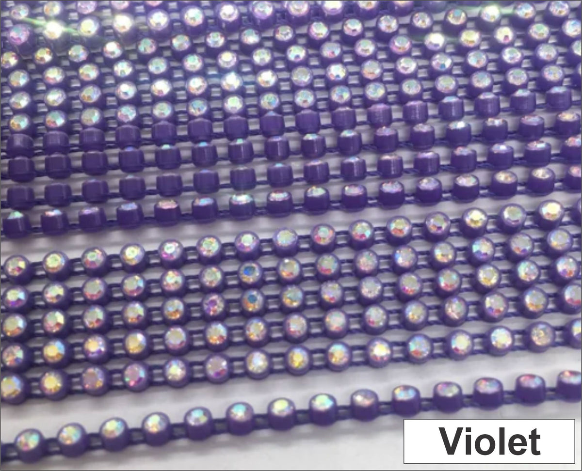 Close-up of rows of ss6 plastic cup rhinestone banding in violet with AB crystal stones