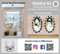 Beading kit bag of beads and supplies beside the finished black, gold and white marbled oval earrings it makes, with a ruler