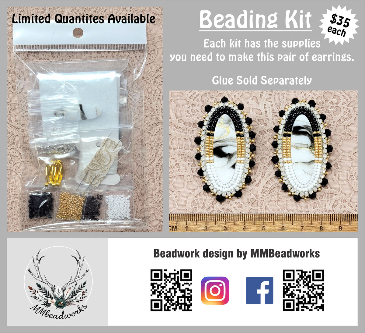 Beading kit bag of beads and supplies beside the finished black, gold and white marbled oval earrings it makes, with a ruler