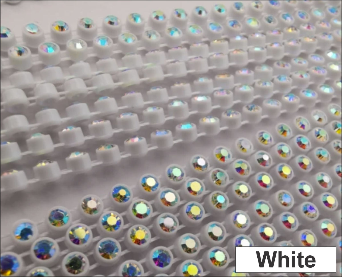 Close-up of rows of ss6 plastic cup rhinestone banding in white with AB crystal stones