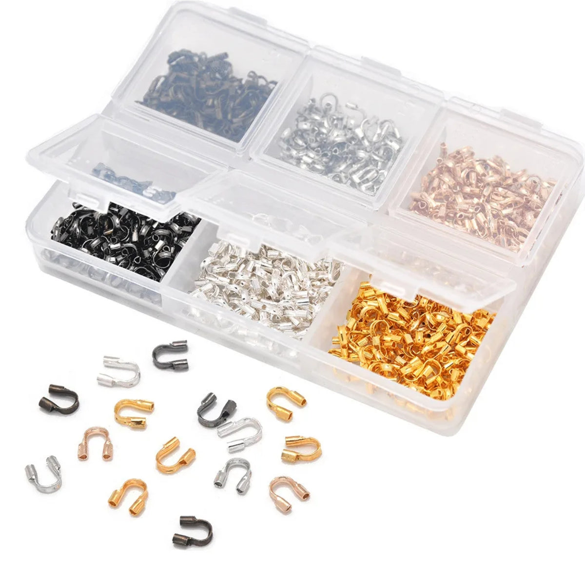 Divided case of 600 wire guards in mixed metal colours, seen from above