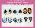 Six pairs of 1 to 1.5 inch wolf cabochons (cabs) with wolf portraits in teardrop, round, oval and triangle shapes