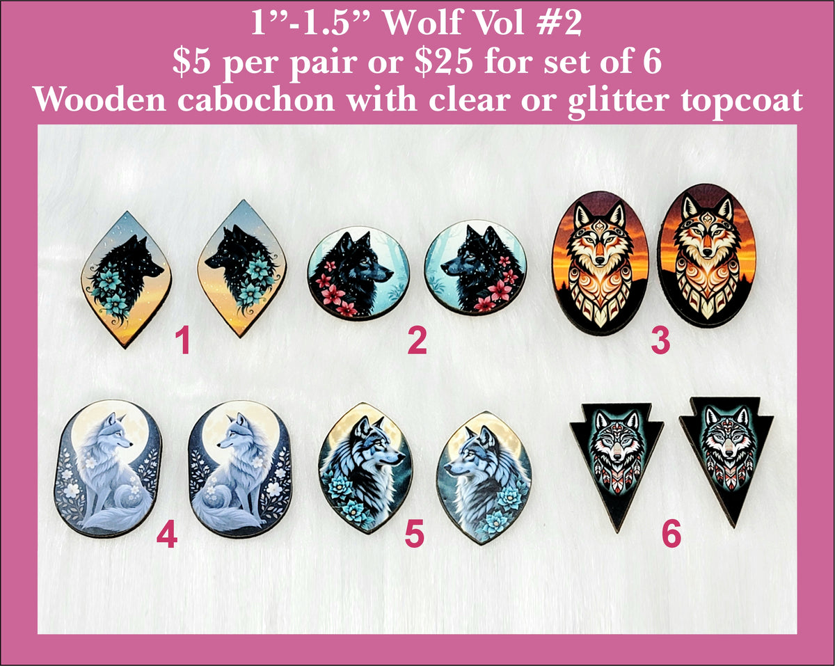 Six pairs of 1 to 1.5 inch wolf cabochons (cabs) with wolf portraits in teardrop, round, oval and triangle shapes