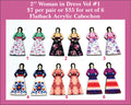 Six pairs of 2 inch acrylic woman in dress cabochons (cabs) with floral skirts in white, black, pink and purple