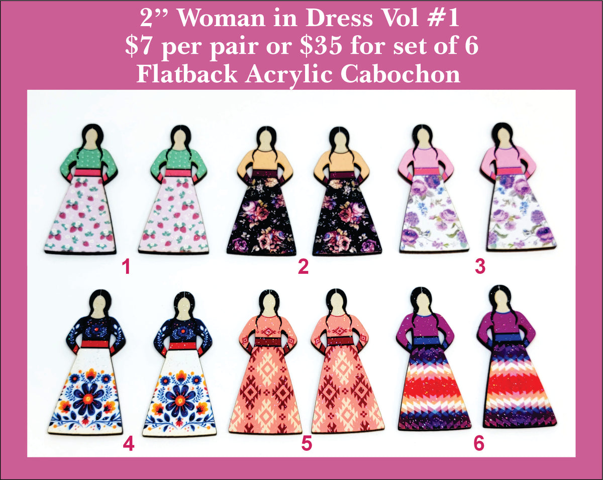 Six pairs of 2 inch acrylic woman in dress cabochons (cabs) with floral skirts in white, black, pink and purple