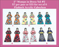 Six pairs of 2 inch acrylic woman in dress cabochons (cabs) with patterned dresses in orange, yellow, teal, red and navy