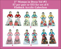 Six pairs of 2 inch acrylic woman in dress cabochons (cabs) with floral skirts in red, teal, pink and white