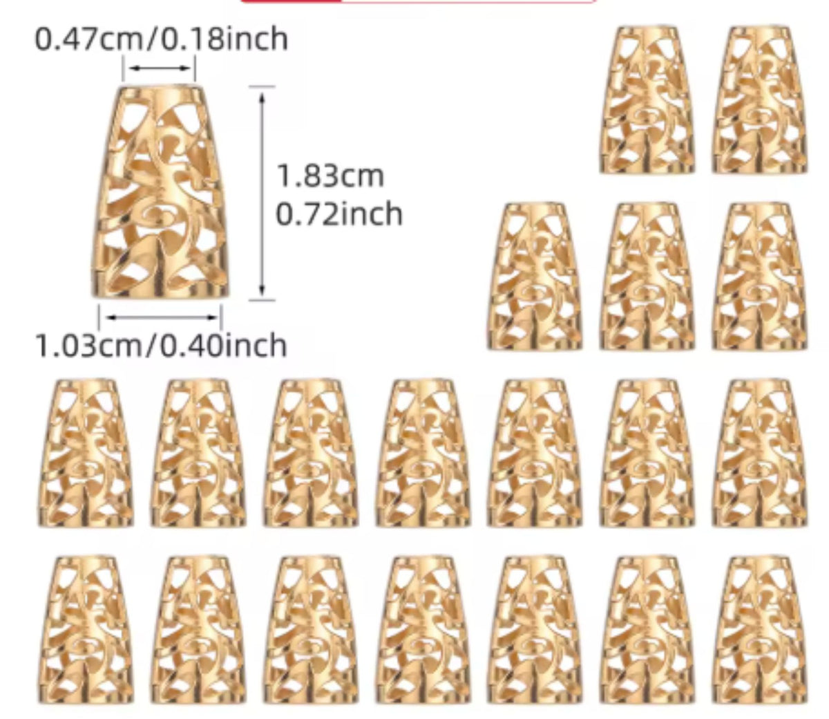 Size chart of gold-tone 10 x 18mm scroll pattern bead cones with rows of cones