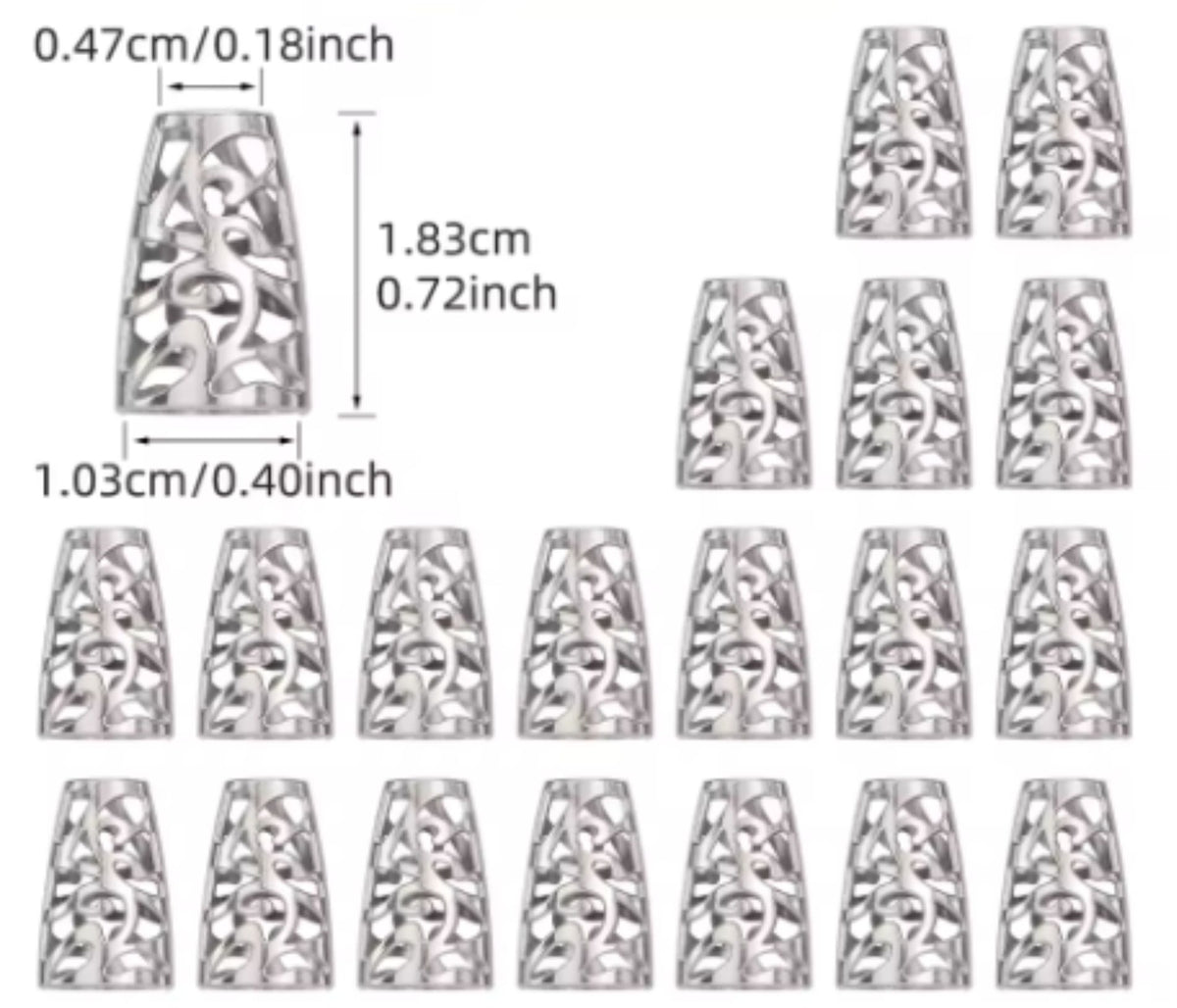 Size chart of silver-tone 10 x 18mm scroll pattern bead cones with rows of cones