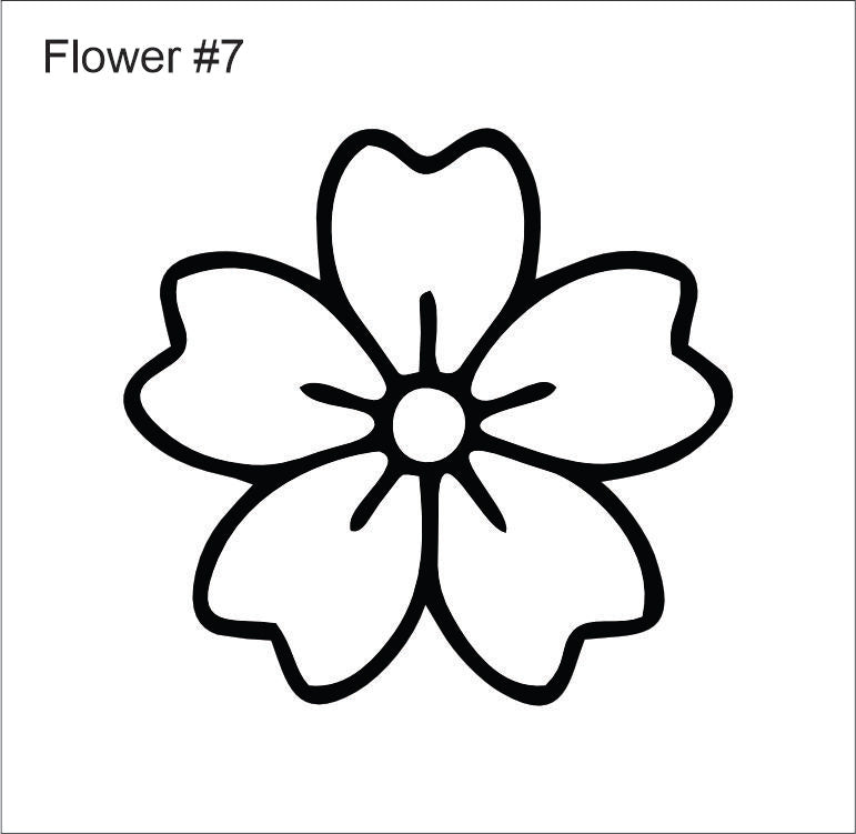 Line drawing of the five-petal blossom with a round centre beading pattern, labelled 'Flower #7'