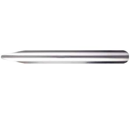 Silver metal bead scoop with a tapered tip, lying on its side on a white background