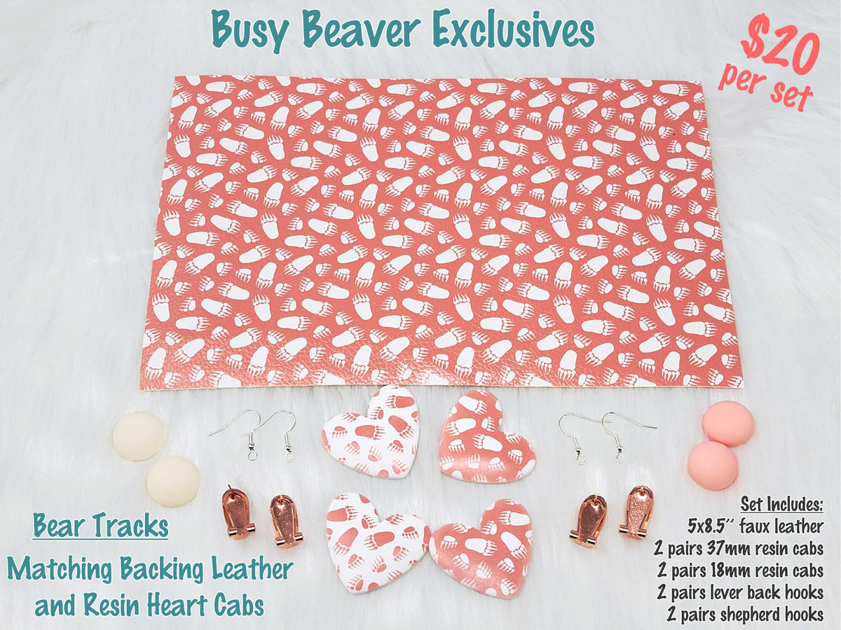 5 x 8.5 inch bear tracks faux leather with matching 37mm heart and 18mm resin cabochons (cabs) and hooks