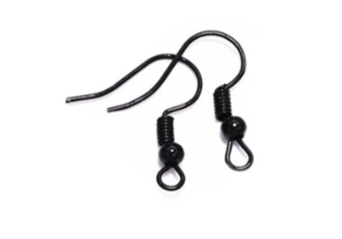 Pair of black shepherd earring hooks with coil and bead on a white background