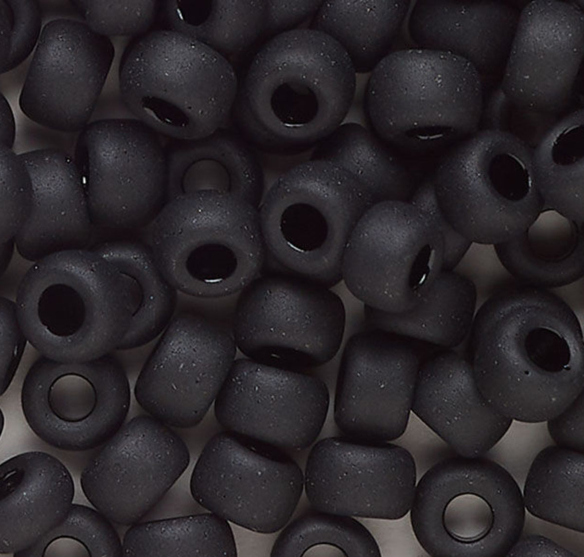 Close-up of 9mm glass crow beads in matte black, filling the frame