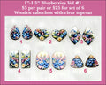Six pairs of 1 to 1.5 inch cabochons (cabs) with blueberries and flowers in mixed shapes