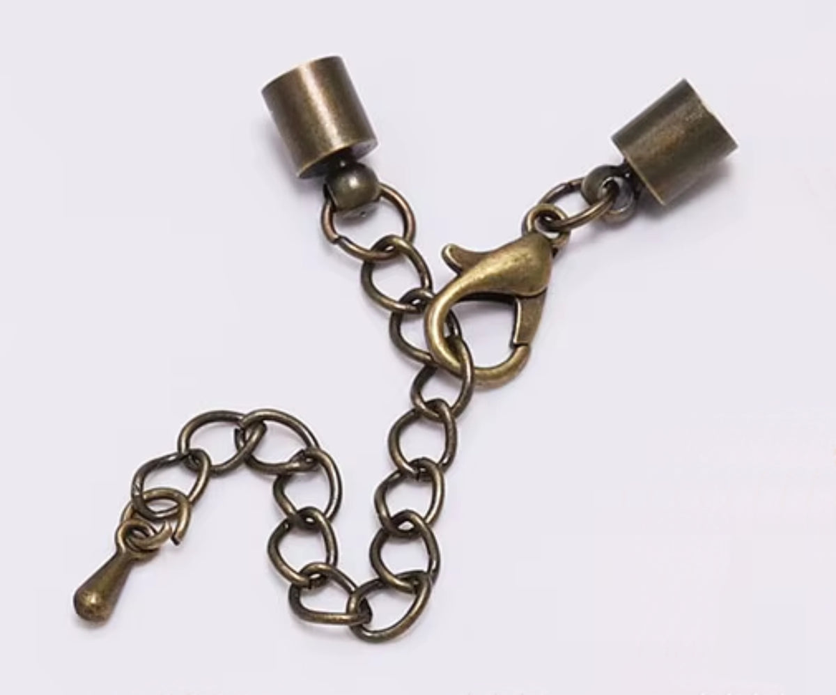 Bronze cord end clasp with a 4mm hole, lobster clasp and extender chain