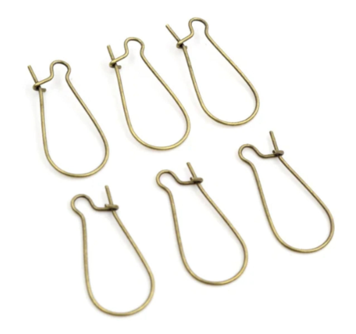 Group of bronze kidney wire earring hooks in three sizes, laid out on a white background
