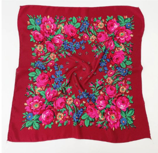 27 x 27 inch burgundy kokum scarf laid flat with a border of pink roses, blue flowers and green leaves