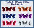 Six sets of three 1 inch black acrylic butterfly cabochons (cabs) in red, orange, blue, purple, pink and white