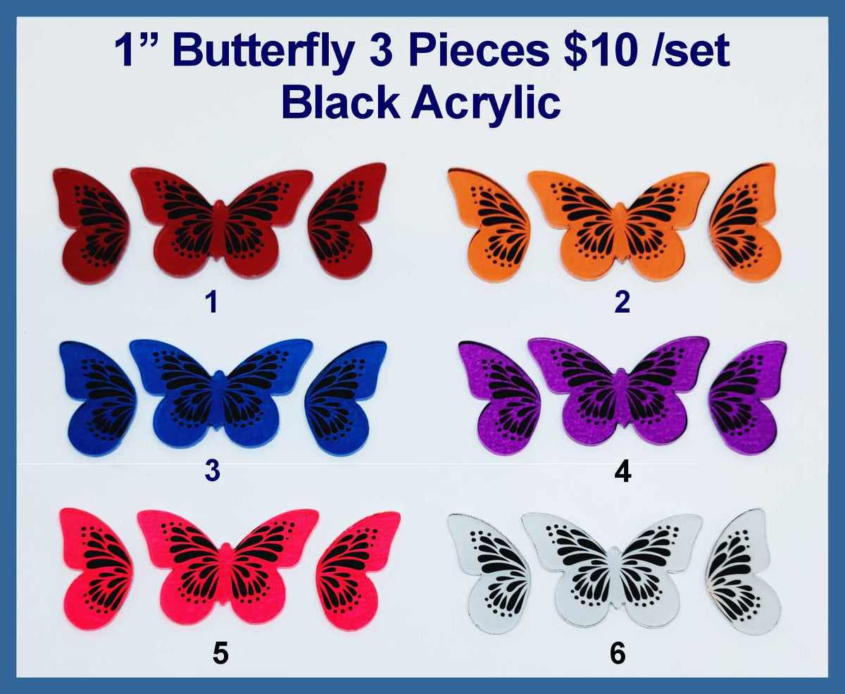 Six sets of three 1 inch black acrylic butterfly cabochons (cabs) in red, orange, blue, purple, pink and white