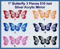 Six sets of three 1 inch silver mirror acrylic butterfly cabochons (cabs) in red, orange, blue, navy, pink and black