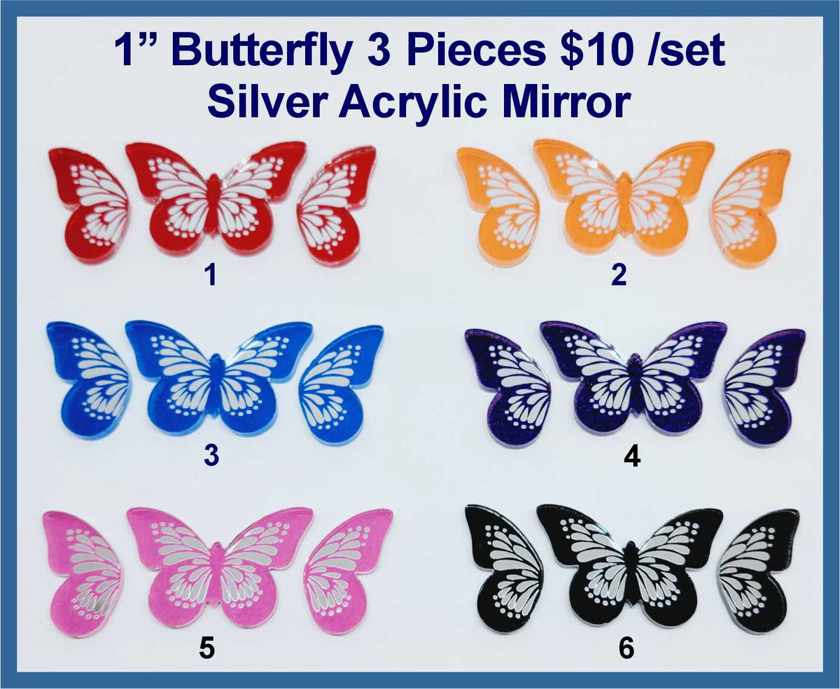 Six sets of three 1 inch silver mirror acrylic butterfly cabochons (cabs) in red, orange, blue, navy, pink and black