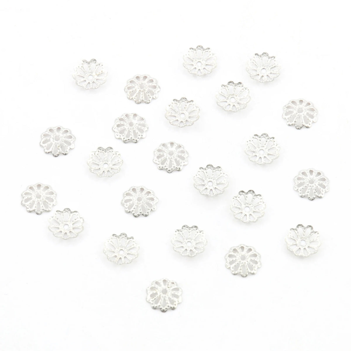 9mm rhodium stainless steel filigree flower bead caps