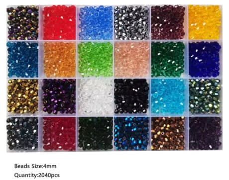 Divided case of 4mm glass bicone beads in 24 colours seen from above