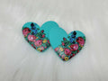 Pair of 37mm turquoise resin heart cabochons (cabs) with a kokum floral design of pink roses and blue flowers